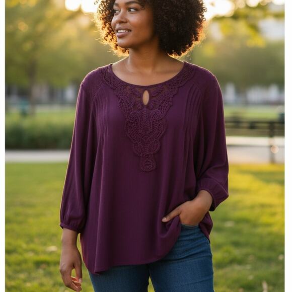 Daniel Rainn Peasant Top Womens Size 1X Plum Knit Chiffon Yoke Crochet Lace Boho - Picture 1 of 9